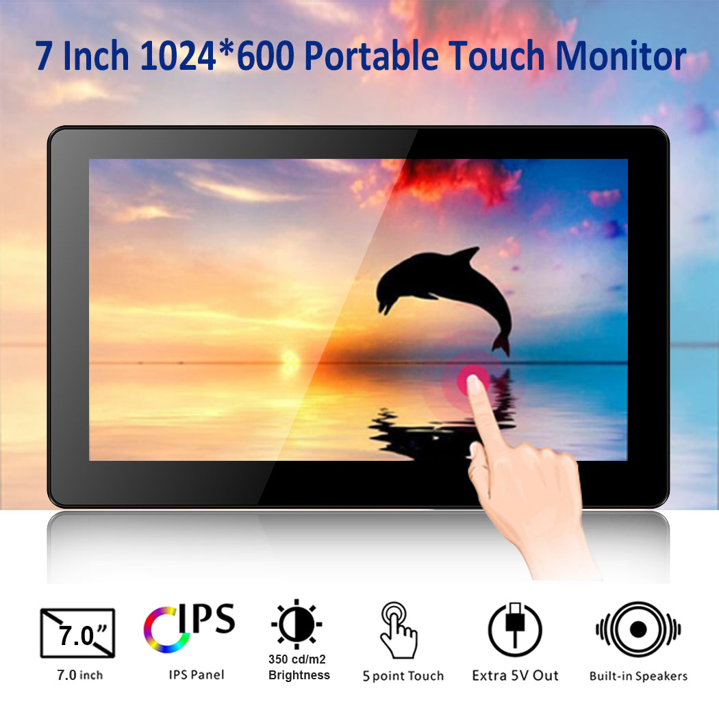 7 Inch 1024 * 600 Resolution Touch Monitor with HDMI input，USB 5V /12V powered，Built-in Speakers，Aluminum case with stand(T007-1)